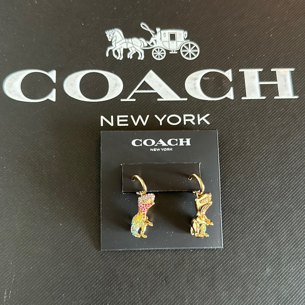 NWT Coach Pavé Rexy Huggie Earrings Dinosaur Crystal Rainbow Hanging Hoop Post - Picture 6 of 9